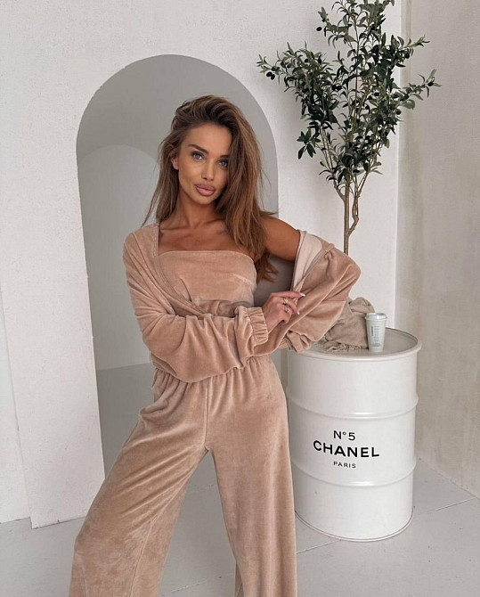 Жіночий плюшевий костюм-трійка: кофта топ і штани з велюру Бежевий, 44/46 Одеса - фото 6