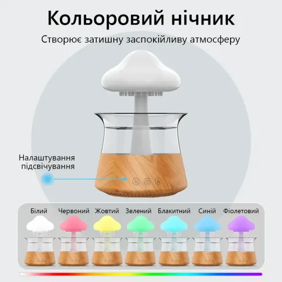 Зволожувач повітря ультразвуковий Rainfall із ефектом дощу. Нічник гриб зі зволожувачем повітря, ори Дніпро