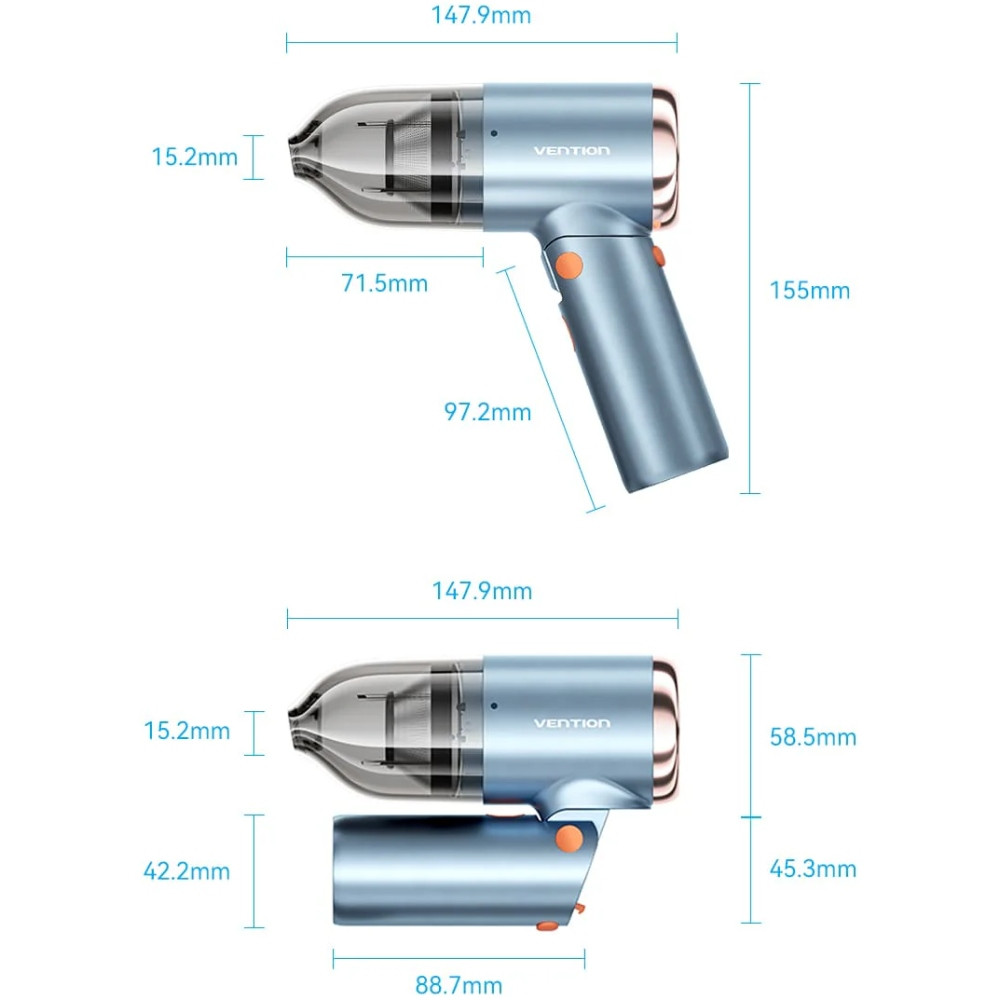 Автомобільний пилосос Vention 5000Pа 70W Li-Ion USB-C 4000мА/г синій Винница - изображение 6