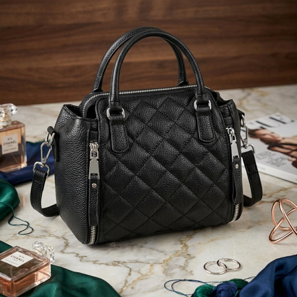 Трендовая сумка для женщин в ромбы из натуральной кожи Vintage 22667 Черная Киев - изображение 14