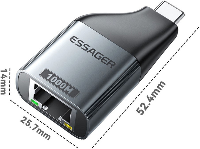 Адаптер Essager Type-C to RJ-45 1000 Mbit сірий для ноутбука і телефона, перехідник Тайп-С на мережевий кабель Ethernet LAN (EZJRJK-MJ0G-P) Николаев - изображение 5