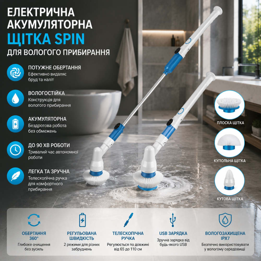 Уценка Электрическая аккумуляторная щетка Verk Group SPIN для влажной уборки, 3 насадки, беспроводная Киев - изображение 10