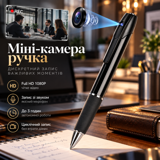 Мини-камера ручка Full HD 1080P со звуком: мини видеокамера для записи встреч, металлический корпус, 3 ч работы Киев