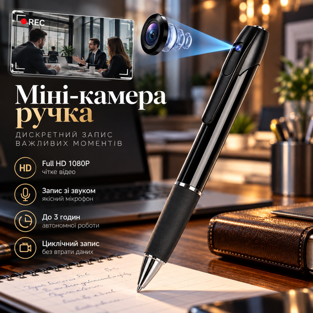 Мини-камера ручка Full HD 1080P со звуком: мини видеокамера для записи встреч, металлический корпус, 3 ч работы Киев - изображение 6
