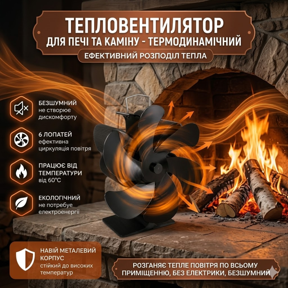 Вентилятор для камина термодинамический DY405 на 6 лопастей: Тепловентилятор для печи без электричества, бесшумный, анодированный Киев - изображение 1