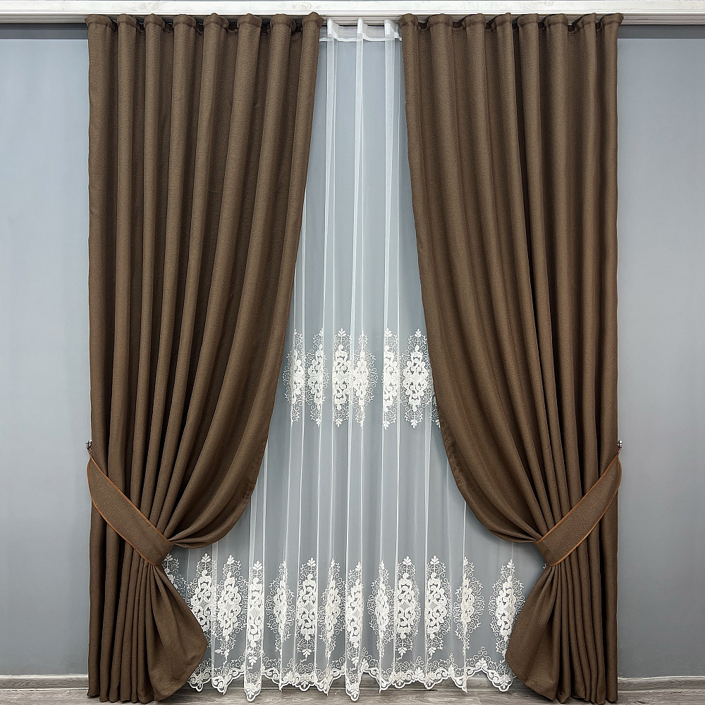 Комплект штор VR-Textil Лен Мешковина 150х270 2шт и Тюль 400х270 277ш-1843т Коричневый с молочным 71-187/3 Киев - изображение 1