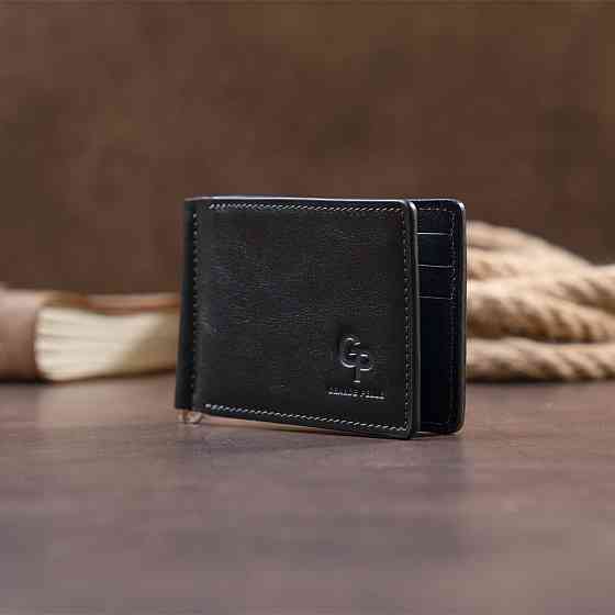 Стильне портмоне з затискачем для грошей без застібки в гладкій шкірі Чорне (GRANDE PELLE) Київ