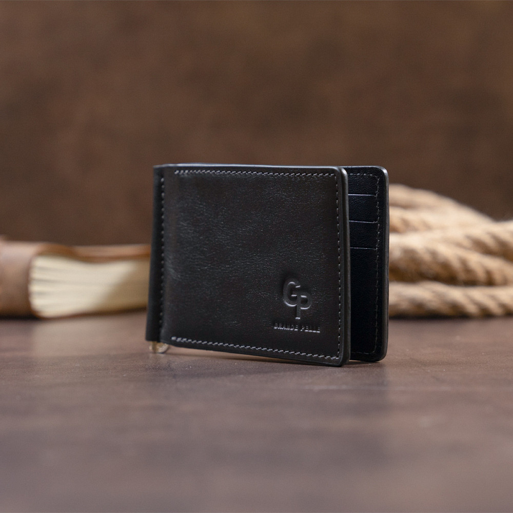 Стильне портмоне з затискачем для грошей без застібки в гладкій шкірі Чорне (GRANDE PELLE) Київ - фото 2