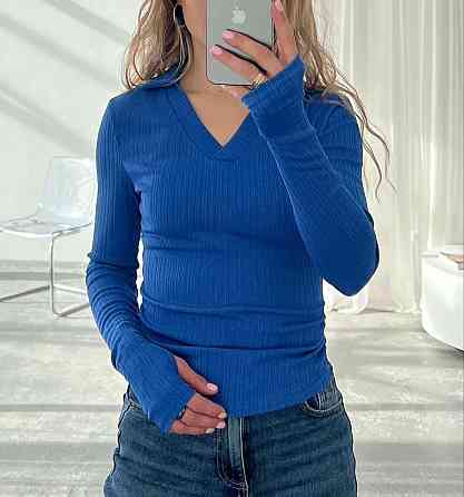 Жіночий стильний лонгслів "поло" з коміром Синій, 42/44 Одеса