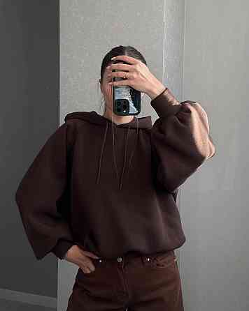 Жіноча базова тепла худіоверсайз тринитка на флісі Шоколад Одеса