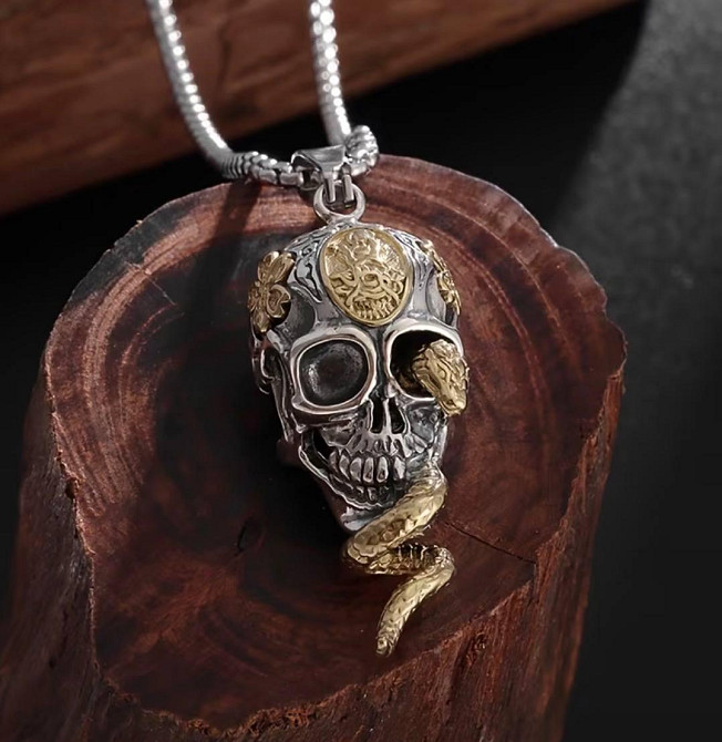 Кулон череп зі змією на ланцюжку чоловічий підвіска череп готичний стиль прикраса Київ - фото 3