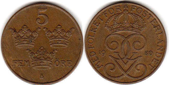 Швеция 5 эре (1909-1950) бронза Коронованная монограмма Полтава - изображение 1