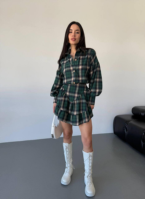 Женский стильный костюм двойка: рубашка и юбка в клетку тиар Зелёный, 46/48 Одесса - изображение 7