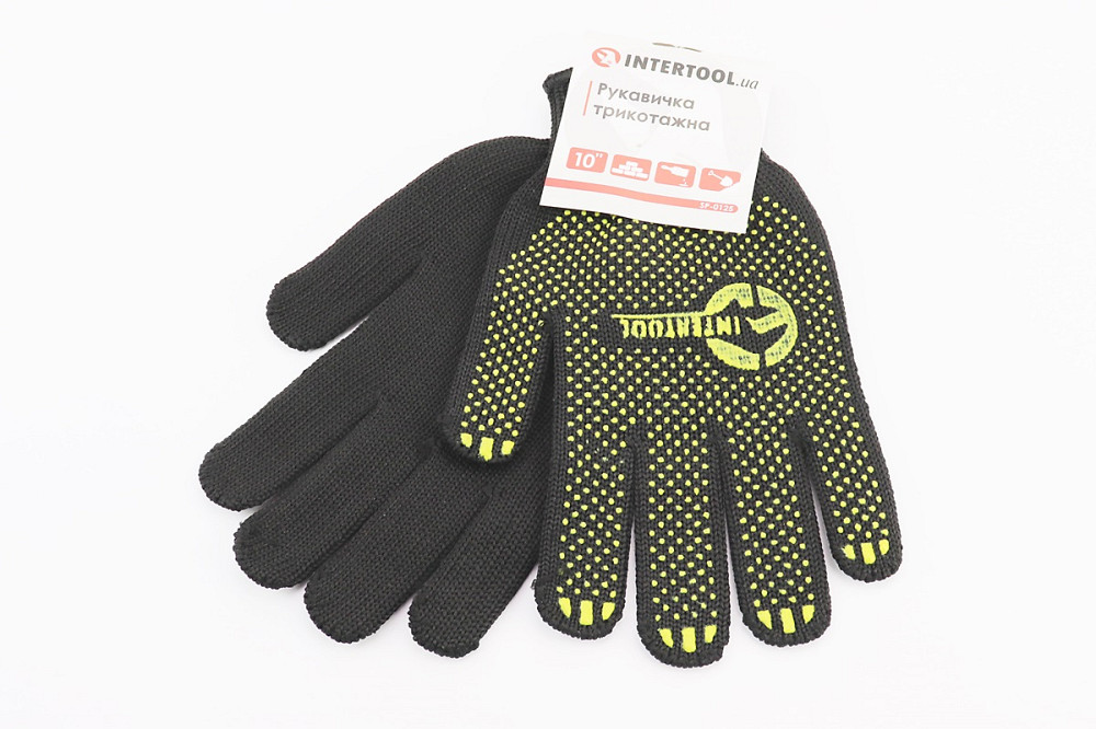 Рукавиці робочі 60% бавовна/40% поліестер 10", клас в'язки 7, чорний, з платуванням, жовта ПВХ точка SP-0125 Київ - фото 1