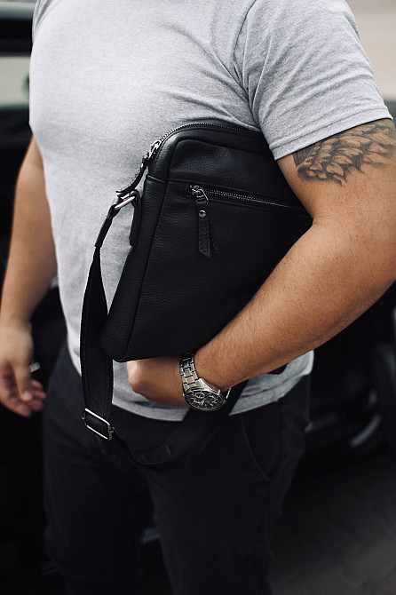 Сумка-мессенджер из натуральной кожи, сумка через плечо мужская SKILL Tablet (Черная) Сумы - изображение 2