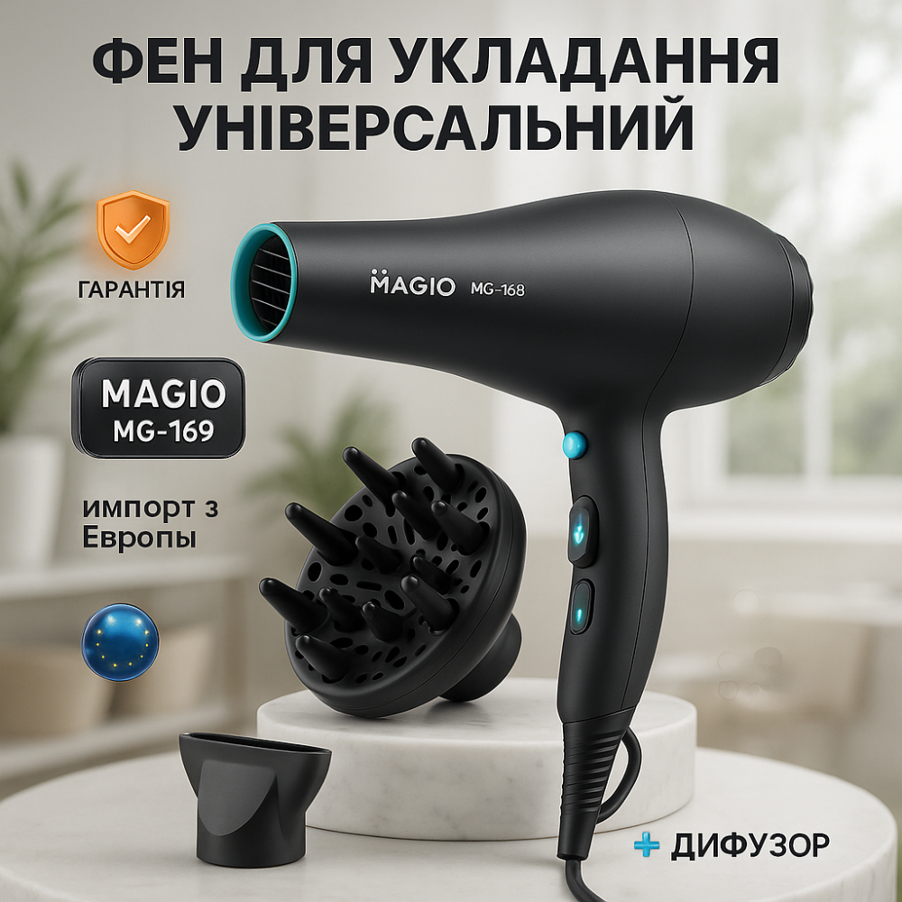 Професійний фен для укладання волосся з насадкою Magio MG-169, Класичний фен для волосся AB-23 Львів - фото 16