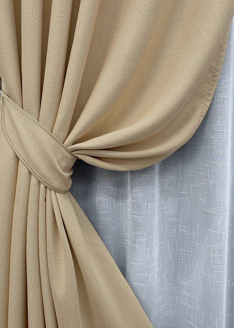 Комплект штор VR-Textil Лен Мешковина 200х270 2шт и Тюль 600х270 1162ш-115т Бежевый с белым 71-018/7 Киев - изображение 4