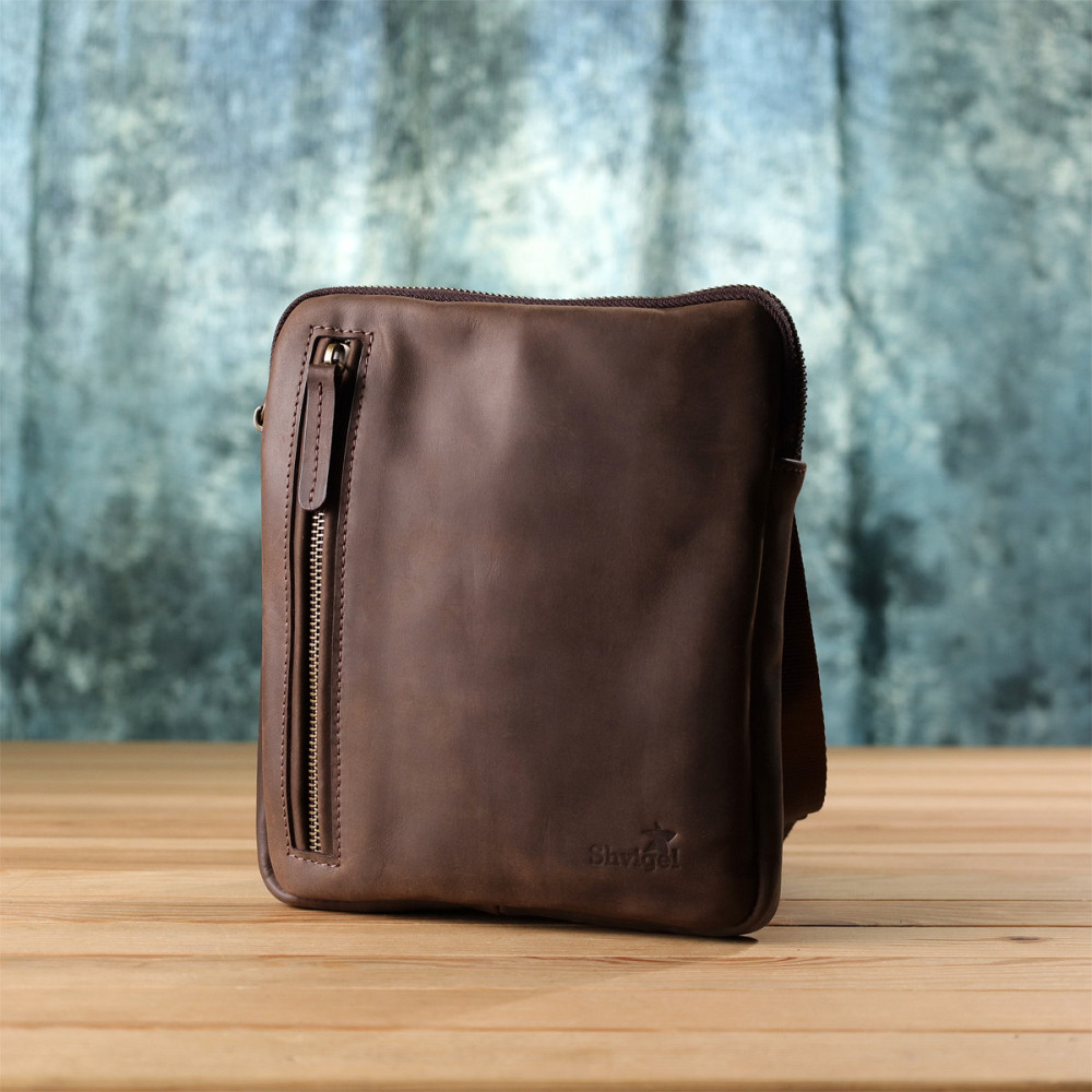 Практична сумка для чоловіків на плече з натуральної вінтажної шкіри Shvigel 23149 Коричневий Київ - фото 9