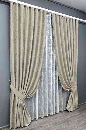 Комплект штор VR-Textil Льон Мармур 150х270 2шт і Тюль 400х270 1272ш-1400т Теплий бежевий з білим 71-135/3 Київ