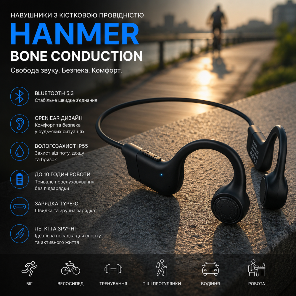 Навушники Hanmer Bone Conduction Bluetooth 5.3 | Бездротові навушники з кістковою провідністю, Open Ear, IP55, Type-C, до 10 годин Київ - фото 7