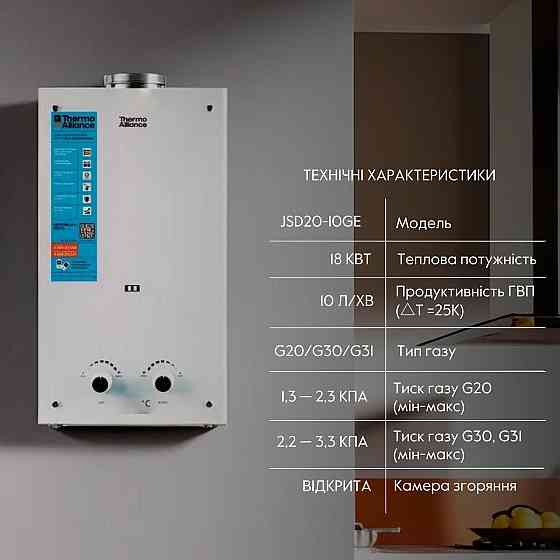 Колонка газова димохідна Thermo Alliance JSD20-10GE 10 л панель зі скла White Київ