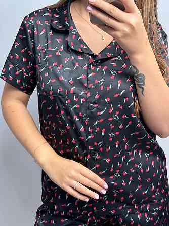 Женская пижама сатиновая Черный с тюльпаном XL-2XL Харьков