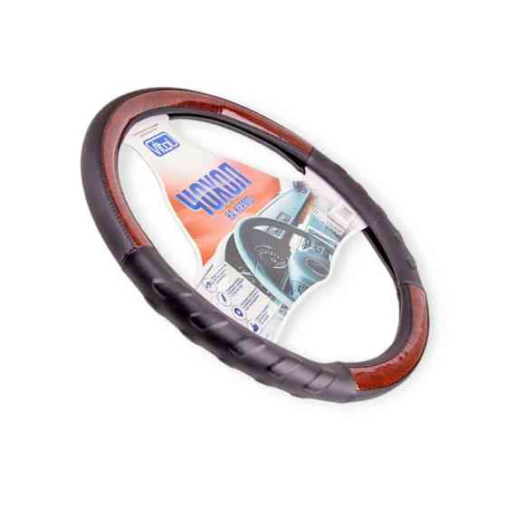 Чехол руля m кожзам (37 - 39 см) черный 2 вставки под дерево, 2 рефленные Мукачево