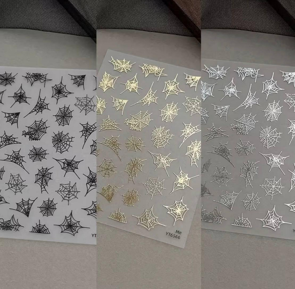 Наклейки для нігтів павутина 3 аркуші 8×10,5 см — слайдери на Хелловін чорні, золотисті, срібні Київ - фото 2