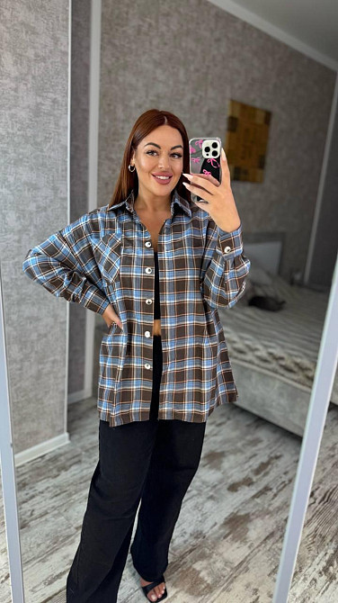 Женская оверсайз рубашка в клетку турецкая фланель Шоколад, 42/48 Одесса - изображение 2