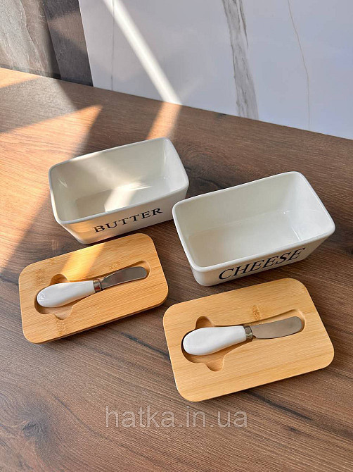 Маслянка керамічна з дерев'яною кришкою й ножем "Butter" 16*10*8 см Київ - фото 5