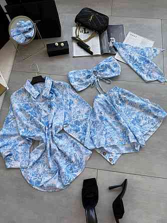 Жіночий літній принтований костюм четвірка: хустинка, кроп-топ, сорочка та шорти штапель/софт Одеса