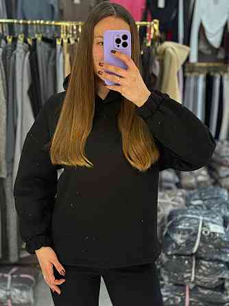 Жіночий утеплений блискуче худі зі стразами тринитка на флісі Чорний, 42/44 Одеса