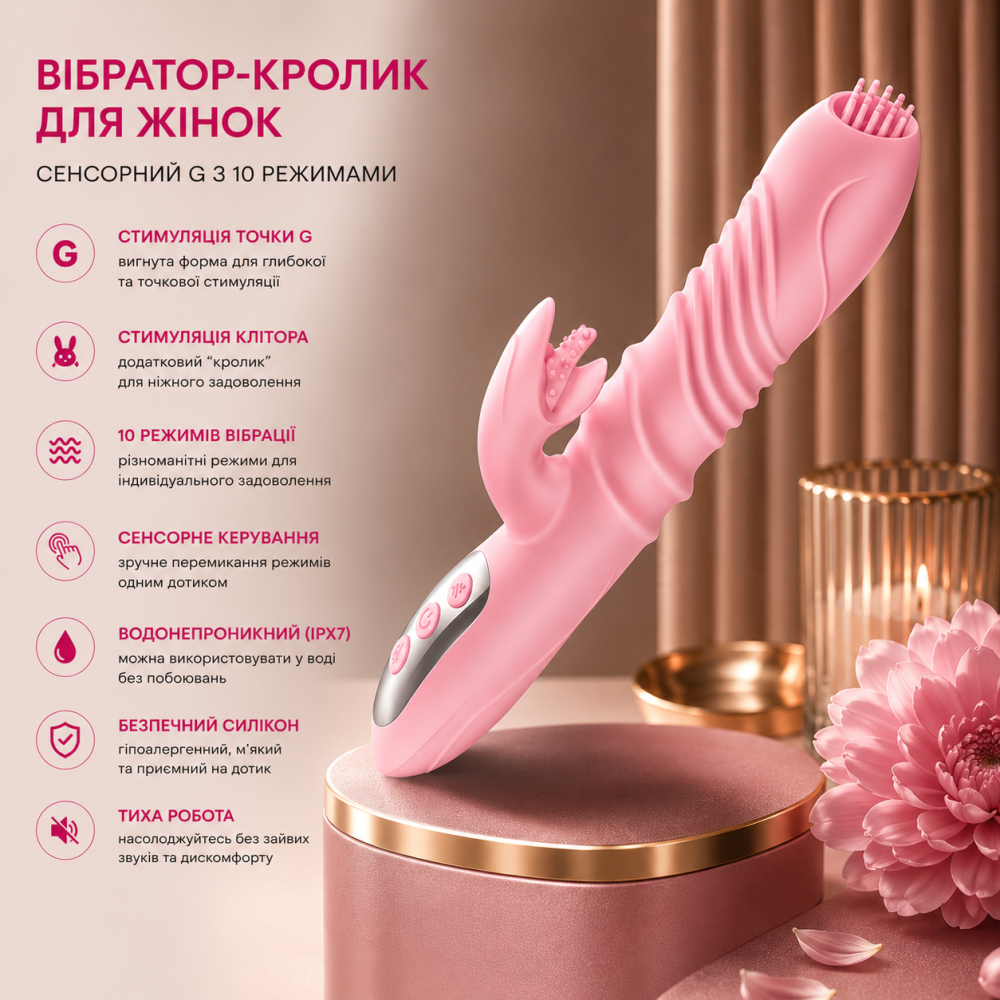Вібратор-кролик-фалоімітатор для жінок, сенсорний вібратор для дорослих, секс-іграшка для точки G з 3 телескопічними та 10 режимам Київ - фото 7