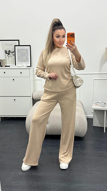 Жіночий базовий костюм-двійка: лонгслів і штани трикотажний рубчик Кремовий, 40/42 Одеса - фото 4