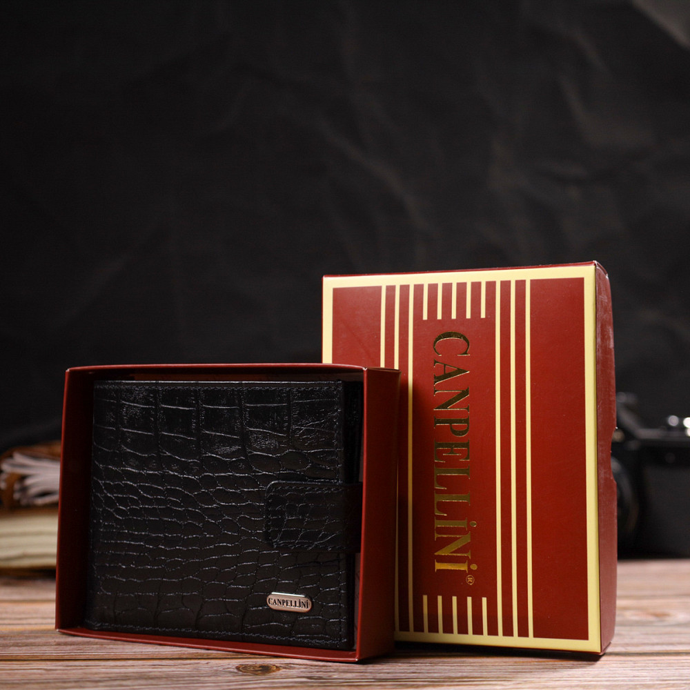 Мужской оригинальный бумажник горизонтального формата из натуральной кожи с тиснением под крокодила CANPELLINI 21768 Черный Киев - изображение 10