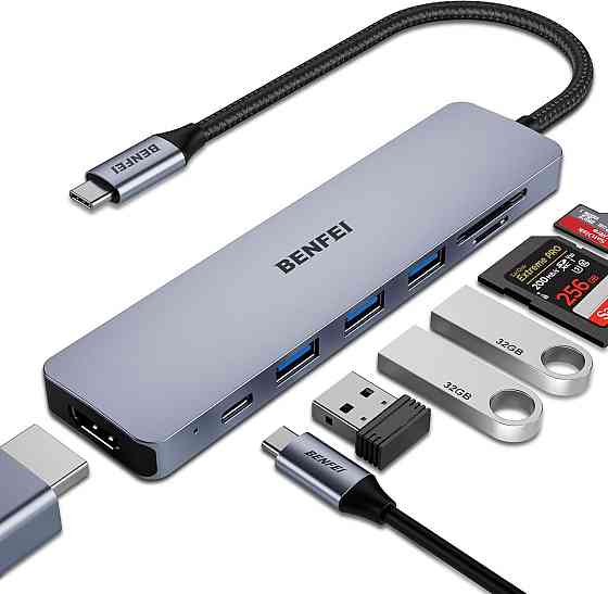 USB-хаб BENFEI 7в1, багатопортовий адаптер USB-C з HDMI, док-станція кардрідер SD/TF, PD 100 Вт для ноутбука, iPhone, iPad Київ