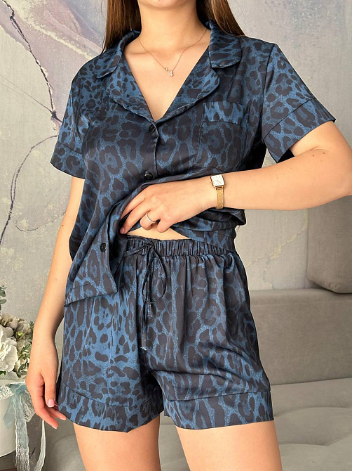 Піжама жіноча з сатину з шортами і сорочкою Синій Тваринні принти XS/S Харків - фото 4