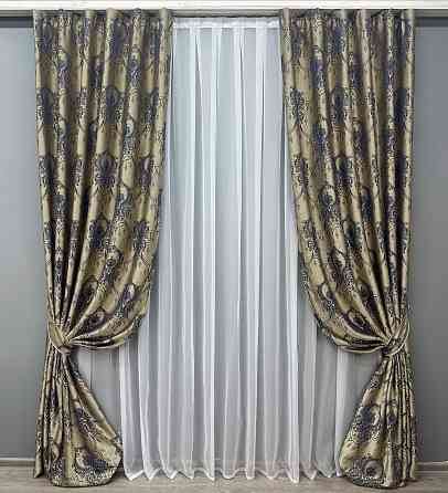 Комплект готових штор VR-Textil Парча № 1776ш Бежевий з синім 155х290 см 2 шт (33-0737) Київ