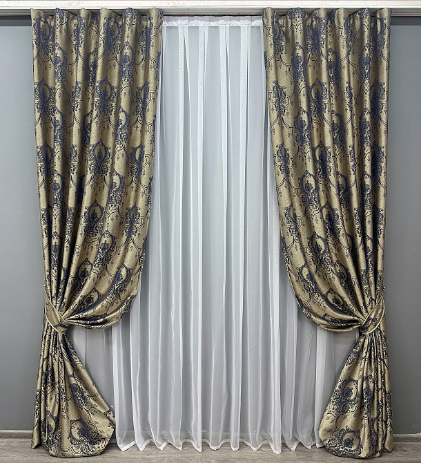 Комплект готовых штор VR-Textil Парча № 1776ш Бежевый с синим 155х290 см 2 шт (33-0737) Киев - изображение 2