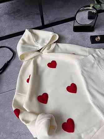 Жіночий теплий прогулянковий костюм-двійка з сердечками тринитка на флісі + ангора рубчик Молочний, 50/52 Одеса