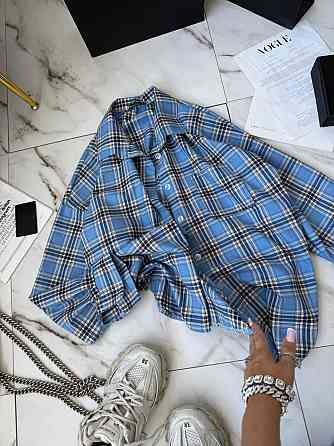 Женская стильная оверсайз рубашка в клетку фланель 100% коттон Голубой Одесса