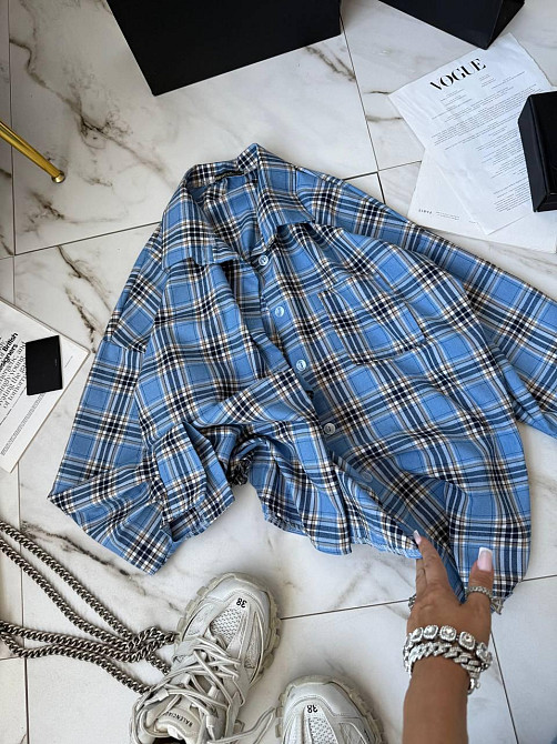 Женская стильная оверсайз рубашка в клетку фланель 100% коттон Голубой Одесса - изображение 5
