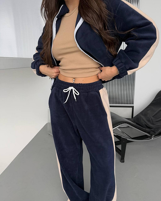 Жіночий теплий повсякденний костюм із лампасами, двобічний фліс Синій Одеса - фото 7