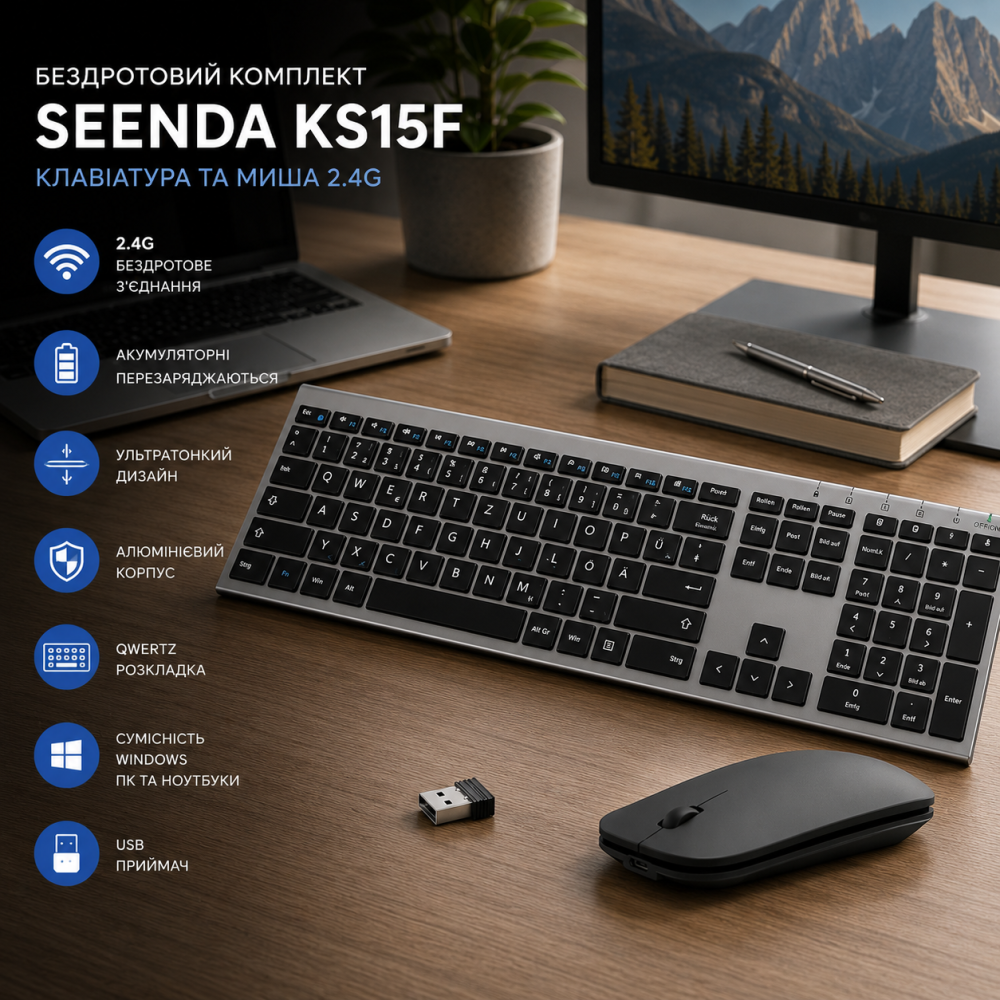 Беспроводной комплект клавиатура и мышь Seenda KS15F 2.4G, аккумуляторный, ультратонкий, алюминиевый корпус, USB, QWERTZ Киев - изображение 1