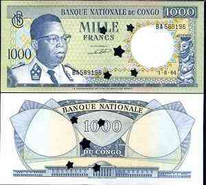 Congo Конго - 1000 Francs 1964 cancelled P. 8a aUNC Полтава