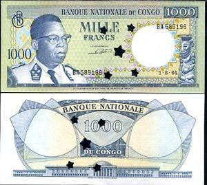 Congo Конго - 1000 Francs 1964 cancelled P. 8a aUNC Полтава - изображение 1