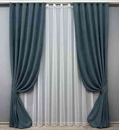 Комплект штор VR-Textil Мікровелюр Petek 150х270 2шт і Тюль 600х270 1489ш-1153т Сіро-блакитний з білим 71-033/5 Київ