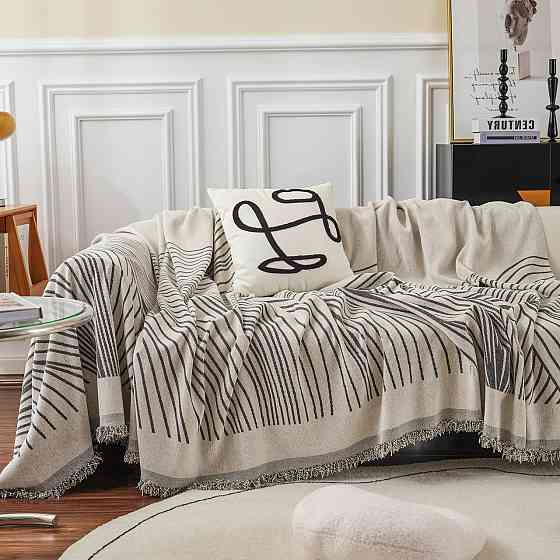 Плед покрывало на диван или кровать,чехол накидка 180х230 см для мягкой мебели, бежевий в серую полосу Каменец-Подольский