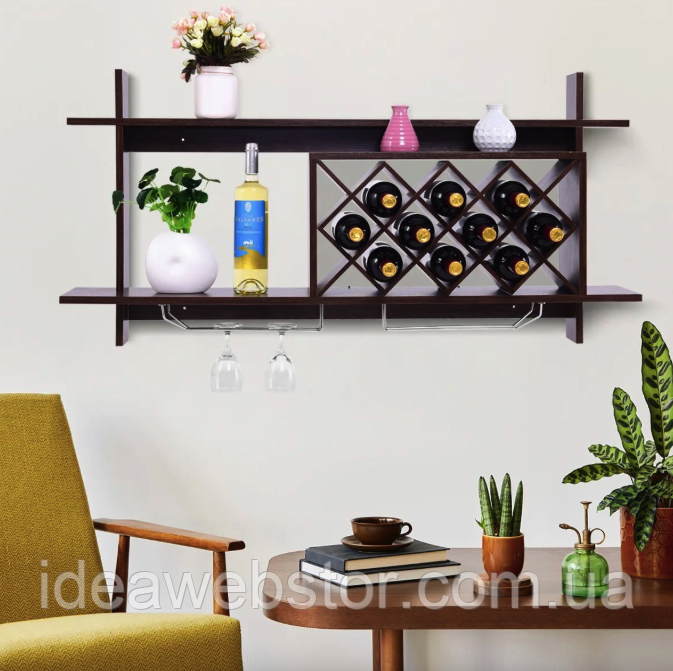 Настенная винная стойка Kasta Costway в стиле Loft для хранения 10 бутылок вина с держателями бокалов полка для вина на стену Киев - изображение 10