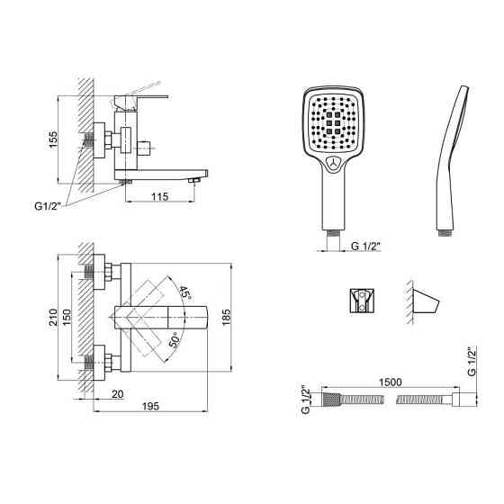 Змішувач для ванни з душовим гарнітуром Lidz Kubis 05P-SES LD048KU43377 чорний Київ